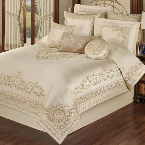 Versailles Luxury Bedding | Classic Neutral Pearl | Palace-Inspired French Style Golden Scrollwork Embroidery on Sateen | 7 Piece Set: Queen Comforter, Bedskirt, 2 Standard Shams & 3 Pillows Touch of Class