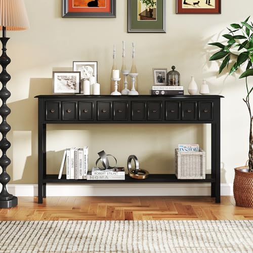 Giantex 60" Entryway Table, Long Narrow Console Table with 4 Drawers and Open Storage Shelf, Modern Slim Entry Tables, Farmhouse Wooden Sofa Tables with Anti-Tip Kit for Living Room, Hallway (Black) Giantex