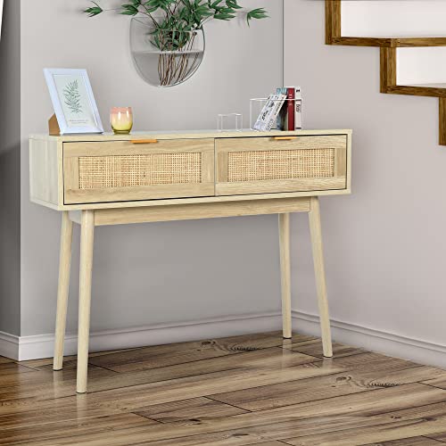 HOPUBUY Console Table Rattan Desk with Drawers, Oak Narrow Sofa Table with Pine Leg, Modern Small Entryway Table for Hallway and Living Room, 39" Rustic Natural HOPUBUY