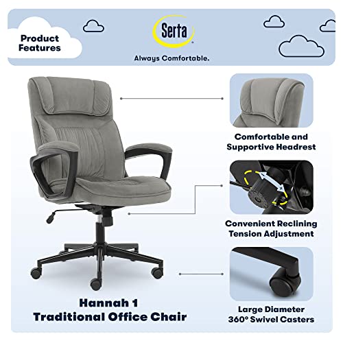 Serta Hannah Executive Home Office Desk Chair, Ergonomic Mid-Back with Lumbar Support, Firm Seat Cushion, Layered Body Pillows, Padded Armrests, Swivel Base, Easy Assembly, Microfiber, Black/Grey Serta