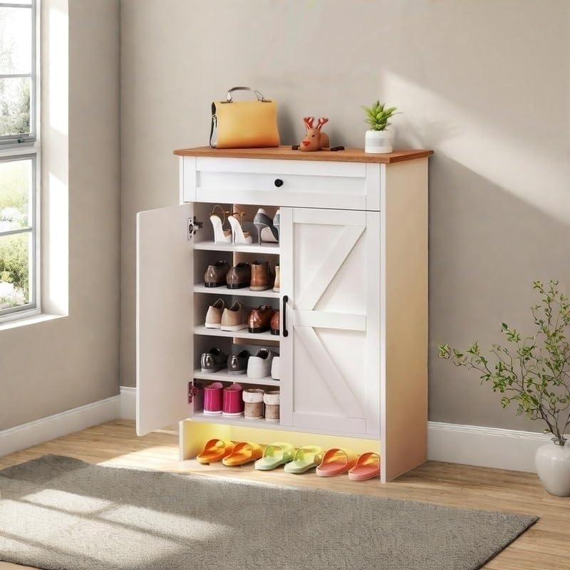 DWVO 6-Tier Shoe Cabinet with Doors & Drawer – Adjustable Shelves, Built-in Induction Strip for Entryway Living Room Storage (White) DWVO