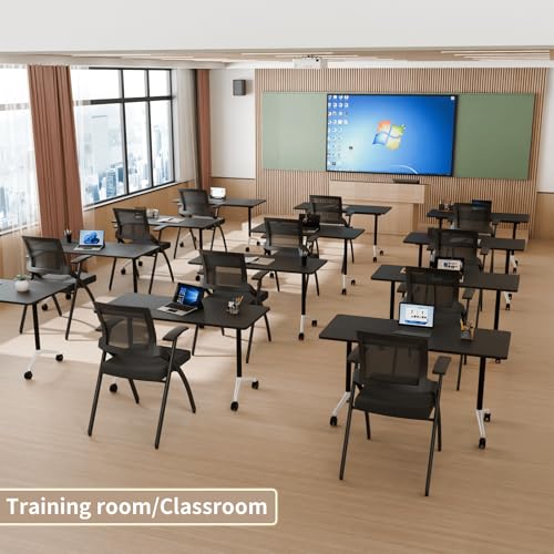 Conference Room Table, Mobile Folding Conference Table on Wheels, Modern Flip Top Stackable Training Tables, Heavy-Duty Modular Meeting Tables for Office Boardroom Classroom (8, Black-A, 55.1in) Lrxmastery