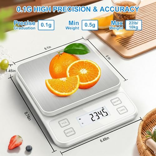22lb Rechargeable Stainless Steel Scale, Diyife Large Kitchen Food Scale with 0.1g/0.001oz High Precision, LCD Display, 10 Unit, Waterproof IPX67, Washable, Hangable, for Baking, Cooking, White