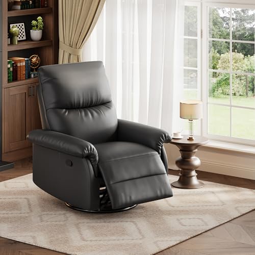 Manual Recliner Chair for Adults, PU Leather Swivel Rocker Recliner with Padded Armrests, Modern Upholstered Reclining Chair for Living Room or Nursery (Black)