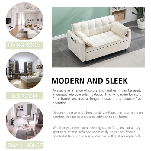 3 in 1 Convertible Sleeper Sofa Bed, 55'' Full Size Corduroy Pull Out Futon Couch Recliner with Reclining Backrest & 2 Pillows, Small Loveseat Lounge Couches for Small Spaces (Beige) MWrouqfur