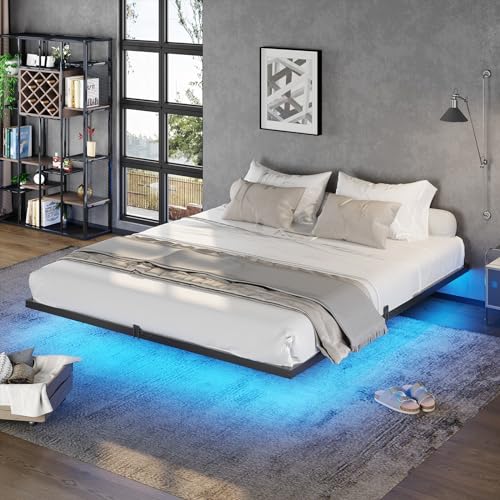 DICTAC Floating Bed Frame California King Size with LED Lights, Metal Platform Cal King Bed with Heavy Duty Steel Slats and 4 Mattress Slide Stopper, Black DICTAC