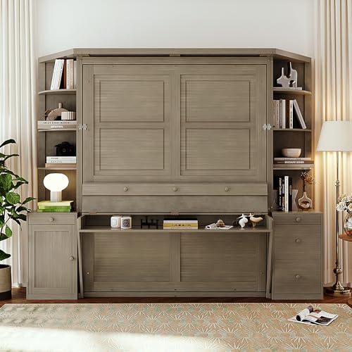 Queen Murphy Bed with Desk,Storage Shelves and LED Lights,Wood Hidden Folding Farmhouse Murphy Wall Bed with Storage Cabinets Bookcase Drawers & Shelves for Adults,Space-Saving (Queen,Natural Wood) MERITLINE