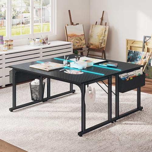 DurayLoly 55 Inch Gaming Desk with LED Lights,Computer Desk with Storage Bag for Home Office, Simple Office Desk with Headphone Hook for Study Writing Work Desk,Sturdy Metal Frame,Black DurayLoly