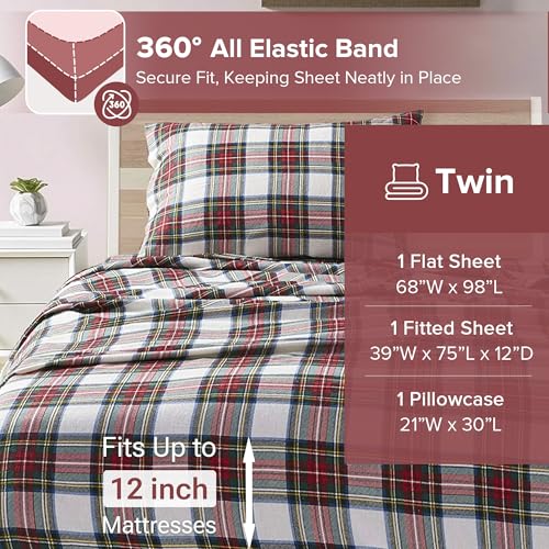 Comfort Spaces Cotton Flannel Sheets Twin Size, Ultra Soft Flannel Sheet Set with 12" Elastic Pocket , Plain Print Warm Flannel Bedding, Scottish Plaid Red 3 Piece Comfort Spaces