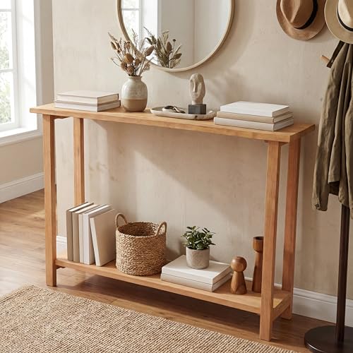GOFLAME Solid Wood Entryway Table, 47” Console Table with Storage Shelf, Curved Tabletop, Teak Wood, Farmhouse, 2-Tier Rustic Behind Couch Sofa Tables Narrow Long for Living Room, Hallway, Natural GOFLAME