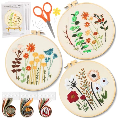 RAINFLOW Embroidery Kit for Beginners 3 Sets Stamped Cross Stitch Kits,Needle Point Kits Adults Beginner with Stamped Easy Flowers Plant Patterns,DIY Needlework Mothers Day Gifts for Adults Women