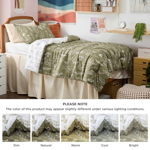Bedsure Twin/Twin XL Comforter Set - Olive Green Bed Set, 2 Pieces Cute Floral Bedding, 1 Soft Reversible Botanical Flowers Comforter and 1 Pillow Sham Bedsure