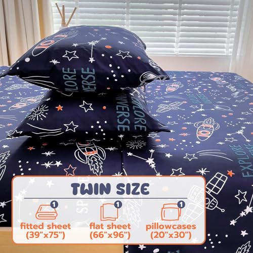 Homilay Twin Sheet Set Kids - Universe Navy 3 Pieces Soft Microfiber Cartoon Style Bedsheets for Boys Girls Teens, Oeko TEX, Breathable Deep Pocket Sheets(Space Rocket) Homilay