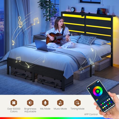 Rolanstar Queen Bed Frame with LED Lights and Charging Station, Wood Storage Headboard and Under Bed Storage, Metal Platform, Noise Free, No Box Spring Needed, Balck Oak Rolanstar