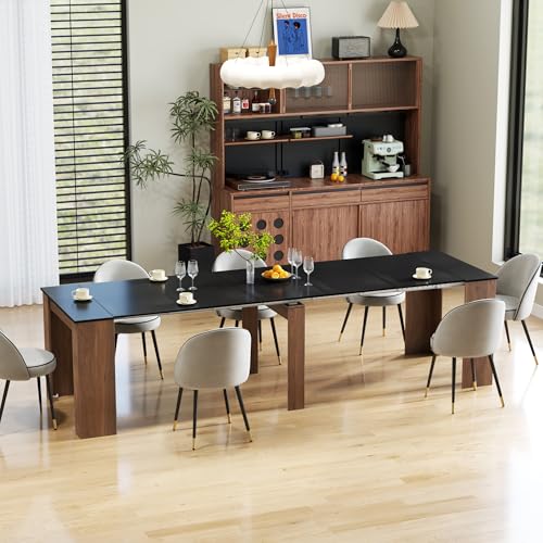 Extendable Console Table with Extension Leaves, Black Dining Room Table, 20''-118'' Expandable Dining Table for Living Room, Space Saving Extendable Dining Room Table for 2-12 Person, Walnut Legs Henf