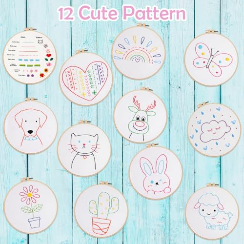 Louise Maelys 12 Pre-Stamped Embroidery Kits for Beginners, Cross Stitch for Kids Girls,DIY Needlepoint Craft Sewing,Practice Kit Supplies,Funny Cute Pattern,Perfect for Ages 8-12