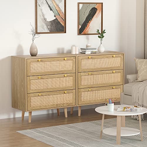 Anmytek 3 Drawer Dresser for Bedroom, Rattan Dresser Modern Wood Chest of Drawers with Spacious Storage for Bedroom Hallway Living Room, Rustic Oak, H0027 Anmytek