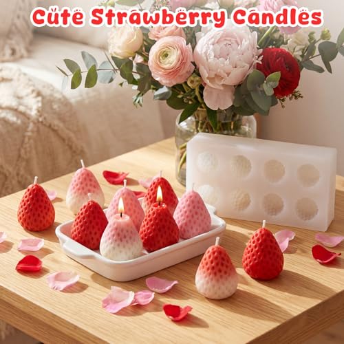 8 Cavity 3D Strawberry Silicone Mold, Candle Mold for Soap, Wax Melt, Cake Decorating, Chocolate Candy Baking DIY Crafts Supplies - Non-Stick Easy Release Strawberry Molds for Homemade Treats & Gifts