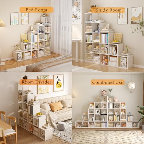 OSCHF Ladder Cube Storage Bookcase - Wooden L-Shaped 5-Tier Corner Shelf, Reversible 15-Cube Organizer for Home & Office, White OSCHF