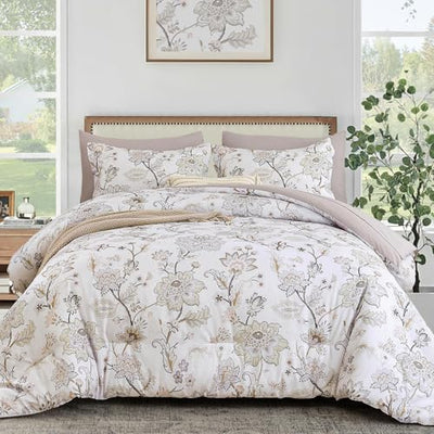 Luxudecor Floral Comforter Set King Size 7 Pieces Bed in a Bag, Beige Paisley Flower Bed Set, Soft Lightweight Comforter with Sheet Set 104"x90"
