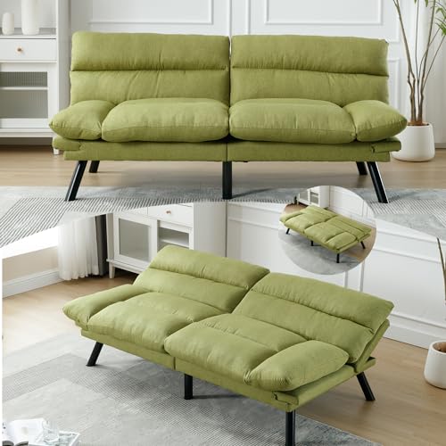 70" Green Modern Linen Convertible Folding Futon Couch Sofa Bed Adjustable Pillow Top Arm Memory Foam Couch Double Loveseat Sofa for Compact Living Space,Dorm,Game Studio,Apartment,Bedroom Klwenas Maec