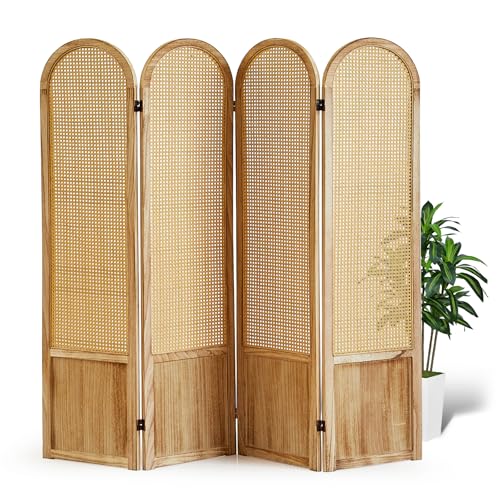 Asnefeli Room Divider 4 Panel Folding Privacy Screen for Bedroom Home Office Separation, Freestanding Wood Partition Wall, 5.6 Ft Natural Rattan Decor Asnefeli