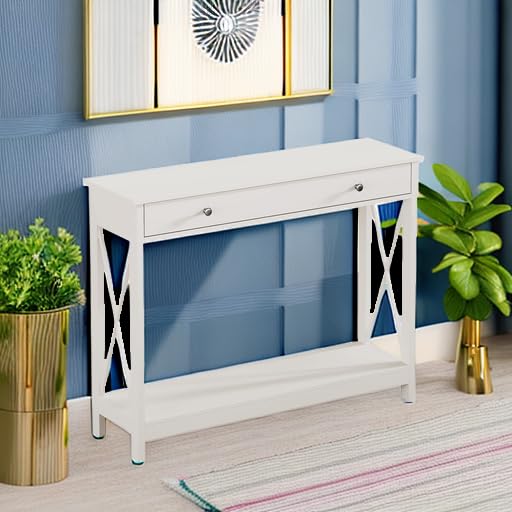 Treocho White Console Table with Drawer and Storage Shelves, Foyer Sofa Table Narrow for Entryway, Living Room, Hallway Treocho