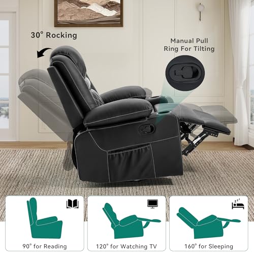 YITAHOME Recliner Chair,PU Rocking Chair for Adults,Swivel Recliner with Cup Holders,Heat and Massage,Single Sofa Seat with Side Pockets for Living Room/Bedroom,Black YITAHOME
