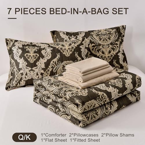 WONGS BEDDING 7 Pieces Comforter Set Queen Size,Damask Texture Design Bed in a Bag Bedding Sets,Brown Soft Lightweight Microfiber Bedding Set for All Season WONGS BEDDING