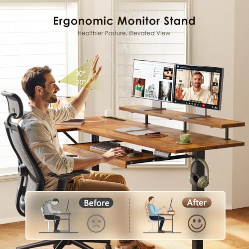 OffiGo 55 Inch L Shaped Electric Standing Desk with Keyboard Tray, Reversible Height Adjustable Corner Computer Desk with Monitor Stand, Sit Stand Up Lift Table for Home, Office, Rustic Brown OffiGo
