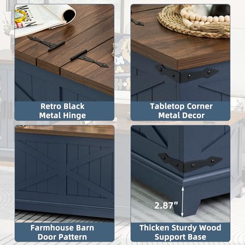Joaxswe Farmhouse Coffee Table with Hidden Storage Organizer, Modern Square Large Center Table, Wood Farm House Low Navy Blue Living Room Tables with Hinged Lift Top for Home, Office Joaxswe