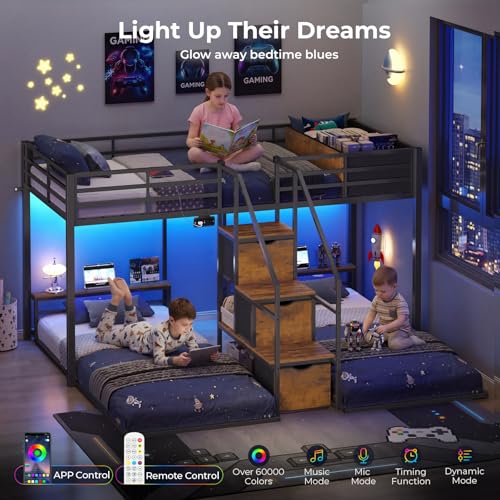 ADORNEVE Triple Bunk Bed with Storage Staircase, RGB Lights & Charging Station, Twin Over Twin, Heavy Duty Metal 3 Bunk Beds with Drawers & Headboard Shelf, Safety Guardrails, for Kids, Black ADORNEVE