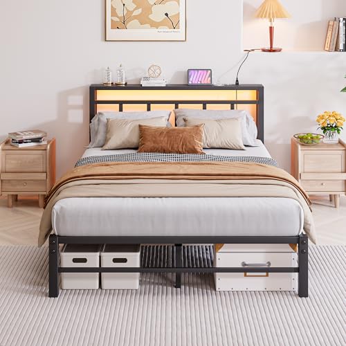 Maliacife Full Size Bed Frame with Headboard,LED Light and Charging Station with Wood Shelves,Metal Platform Bed with Heavy Duty Slats Support,No Box Spring Needed,Easy Assembly,Noise Free,Black Maliacife
