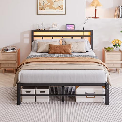 Maliacife Full Size Bed Frame with Headboard,LED Light and Charging Station with Wood Shelves,Metal Platform Bed with Heavy Duty Slats Support,No Box Spring Needed,Easy Assembly,Noise Free,Black