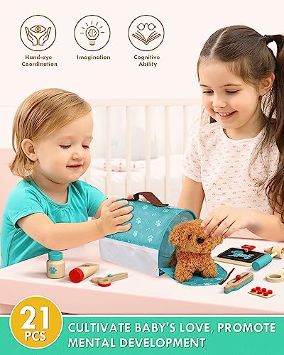 Lehoo Castle Wooden Doctor Kit for Kids, Vet Play Sets for Kids, Veterinarian Kit for Kids, Pretend Play Doctor Set with Dog Bag, Medical Kits Doctor Toys Gift for Kids Boys Girls Aged 3 4 5 6 Lehoo Castle