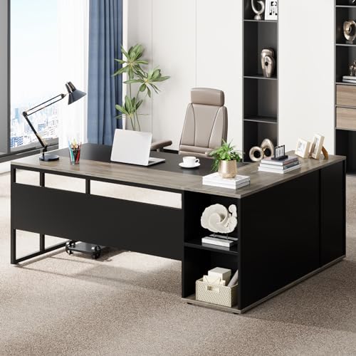 Tribesigns 71 inch Executive Desk, L Shaped Desk with Cabinet Storage, Executive Office Desk with Shelves, Business Furniture Desk Workstation for Home Office, Gray Tribesigns