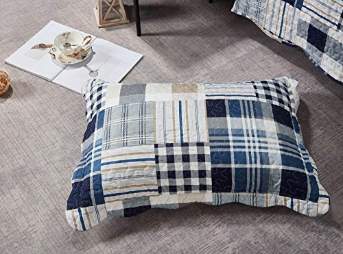 Brilliant Sunshine Blue Plaids and Stripes Patchwork, 3-Piece Quilt Set with 2 Shams, Reversible Bedspread, Soft Lightweight Coverlet, All-Season, Full/Queen, Blue Brilliant Sunshine