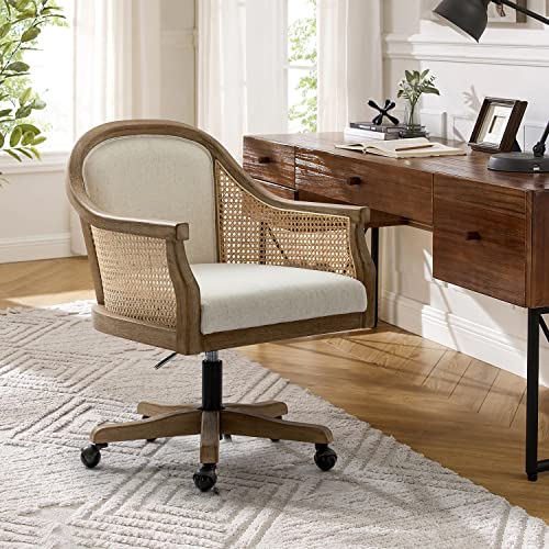 HULALA HOME Rattan Desk Chair, Upholstered Home Office Chair, Vintage Office Chair with Armrest, Adjustable Swivel Rolling Height Task Chair for Living Room Bedroom Study Room, Ivory HULALA HOME