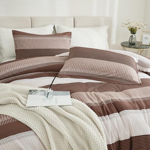 Litanika Brown Comforter Set Full - 3 Pieces Lightweight Brown White Colorblock Stripe Fluffy Bedding Comforter Sets, All Season Bed Set