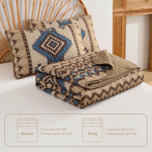 Dintszyayue Boho Quilt Set King Size,3 Pieces Aztec Texture Bedspread Brown Southwestern Coverlet Set Soft Lightweight Bed Cover for All Season Microfiber Bedding with 2 Pillowcases(Brown,104"x90") Dintszyayue
