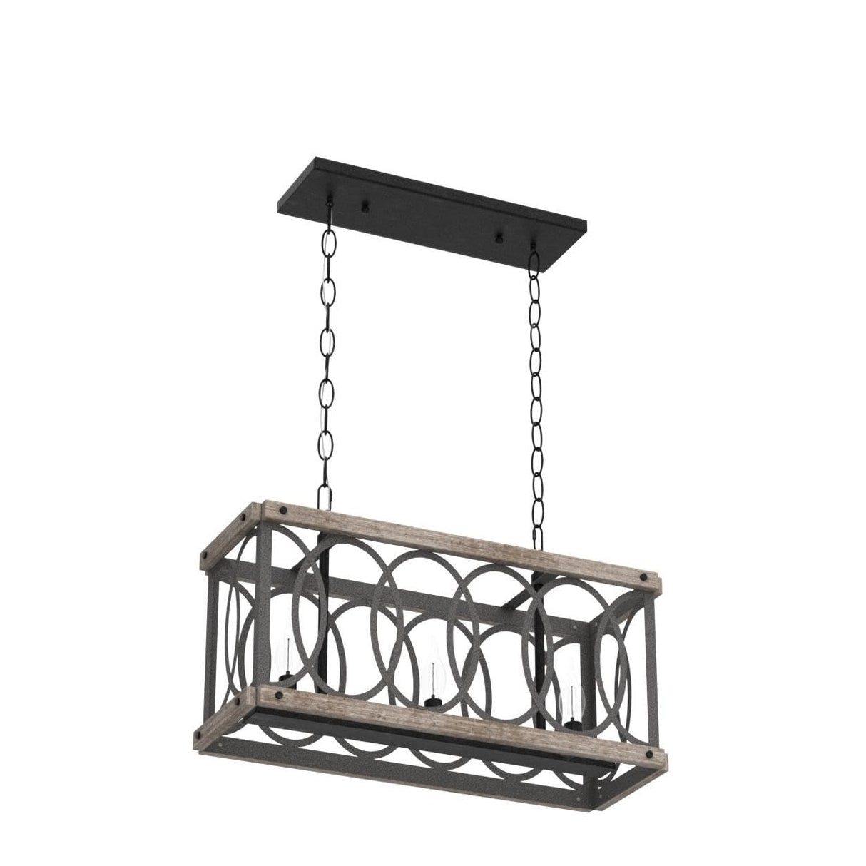 PHILOMENA Antique Wood Farmhouse Chandelier, 3-Light Rustic Bronze Cage Rectangular Dining Room Light Fixtures Over Table, Rectangle Linear Foyer Pendant Lamp Ceiling Hanging PHILOMENA