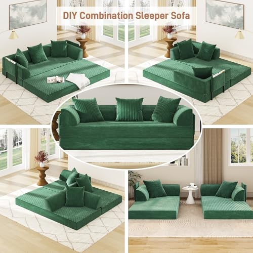 XVD 79" Boneless Sleeper Sofa Bed, Convertible Futon Couch with Pillows and Storage Pocket, Pull Out Compressed Sofa for Living Guest Room Bedroom, Green XVD