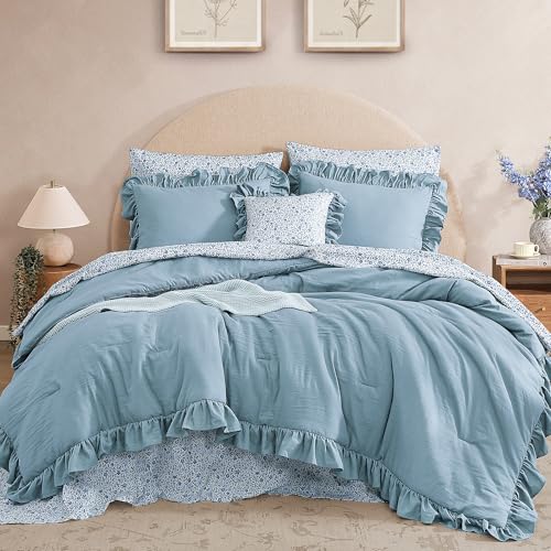 BLOOMHAVEN Queen Comforter Set - 7 Pieces Ruffle Blue Bedding Sets, Shabby Chic Farmhouse Bed in a Bag Queen with Ruffle Comforter, Floral Sheets, Pillowcases & Shams BLOOMHAVEN