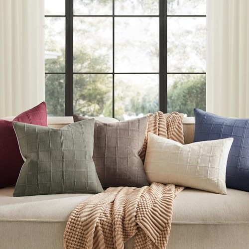 ZeeMart Linen Checked Lumbar Throw Pillow Covers Set of 2, 12x20 Inch Blue/Cream, Farmhouse Decorative Single Sided Grid Embroidered Couch Pillow Cases Dusty Blue Cotton Linen Cushion Covers ZeeMart