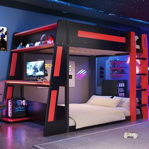FUvellamo Full Over Full Gaming Bunk Bed with Desk and LED Light,Full Size Wooden Loft Bed Frame with Two Storage Shelves and USB,Esports Design for PC & Console Gamers, Black Red FUvellamo