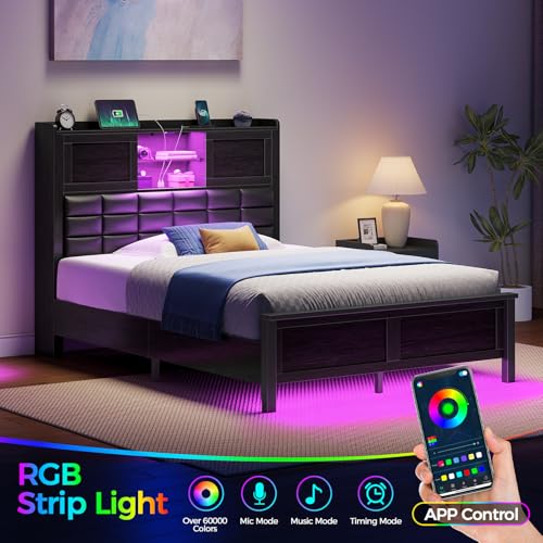 Rolanstar Bed Frame Twin Size with Charging Station, Bookcase Headboard Bed with LED Light and Sliding Doors, Platform Bed with Wooden Slats, No Box Spring Needed, Noise Free, Black Rolanstar