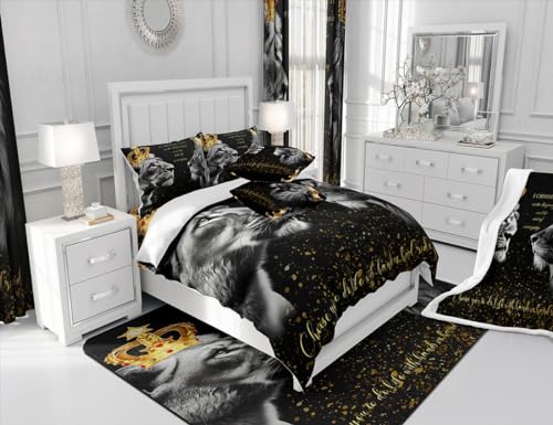 3D Lion Couple Comforter Set Queen Size,Golden Glitter King and Queen Crown Bedding Set for Kids Girls Women Men Bedroom Decor,African Wild Animals Quilt Set Valentine's Day Duvet Insert,Black Castle Fairy