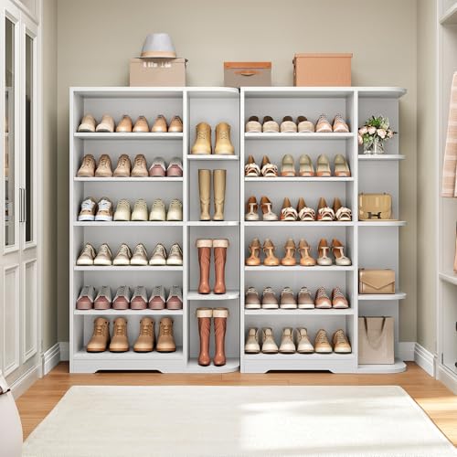 YATINEY Tall Shoe Cabinet with Open Storage, Multifunctional Shoe Rack, 7-Tier Wooden Shoe Storage Cabinet with Adjustable Shelves, Entryway Shoe Organizer for Closet, Hallway, White SC02WT YATINEY