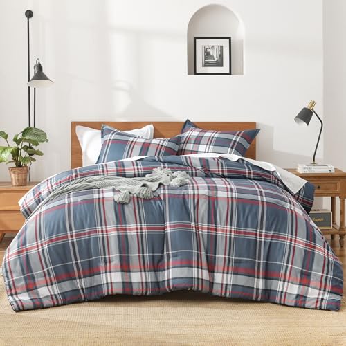 Andency Navy Red Plaid Comforter Set Queen(90x90Inch), 3 Pieces Grid Gingham Stripes Bedding Comforter Sets for Boys Girls Kids Teens, Preppy Geometric Line Soft Lightweight Reversible Bed Set as Gift Andency