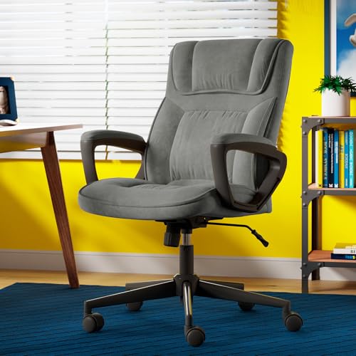 Serta Hannah Executive Home Office Desk Chair, Ergonomic Mid-Back with Lumbar Support, Firm Seat Cushion, Layered Body Pillows, Padded Armrests, Swivel Base, Easy Assembly, Microfiber, Black/Grey Serta